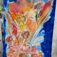 Monoprint and Oil Pastel Inspired by The Great Fire of London by Ruth Sohn-Rethel