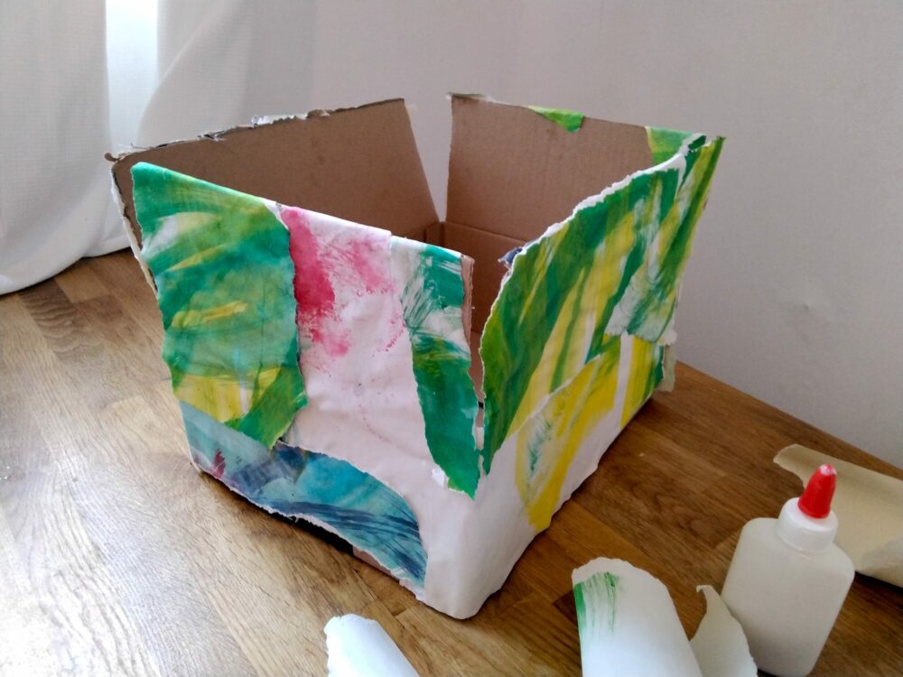 A decorated cardboard box.