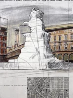 Christo Wrapped Monument to Vittorio Emanuele (Project for Piazza de Duomo, Milano) Collage 1970 Pencil, fabric, twine, charcoal, pastel, wax crayon, and map 71 x 56 cm (28 x 22 in) — Victoria and Albert Museum, London, United Kingdom Photo: Shunk-Kender © 1970 Christo and Jeanne-Claude Foundation and J. Paul Getty Trust