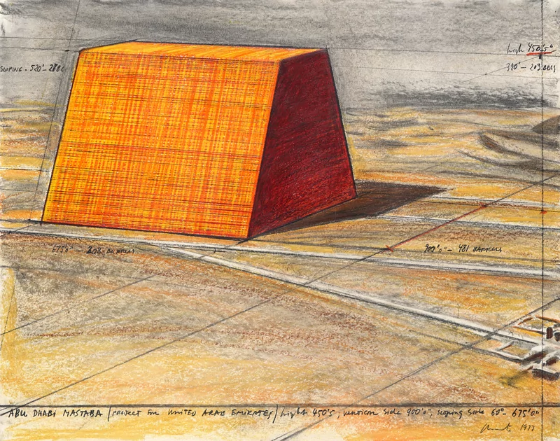 Christo Abu Dhabi Mastaba (Project for United Arab Emirates) Drawing 1977 Pencil, charcoal, wax crayon, and pastel 56 x 71 cm (22 x 28 in) — Collection Lilja Art Fund Foundation, Switzerland Photo: Wolfgang Volz © 1977 Christo and Jeanne-Claude Foundation