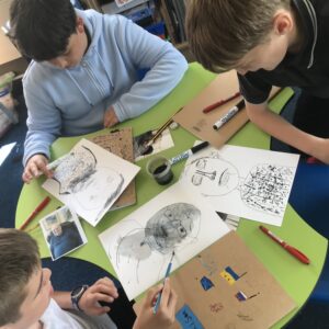 Pupils Drawing Pen and Ink Portraits by Sarah Longley