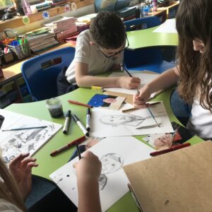 Pupils Drawing Pen and Ink Portraits by Sarah Longley