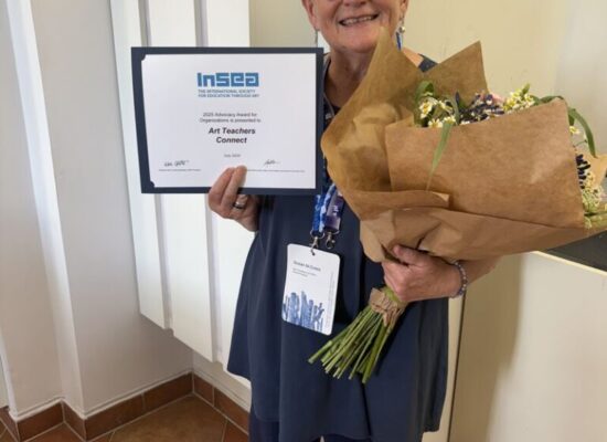 Susan Coles accepting the InSEA Advocacy Award for Organisations 2025