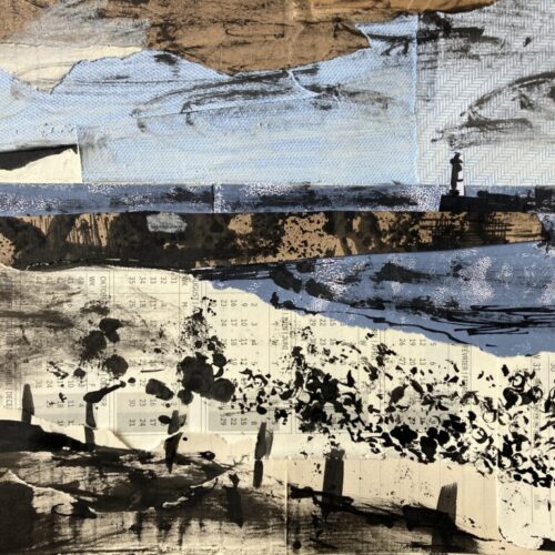 Ink detail over a collage of a beach.