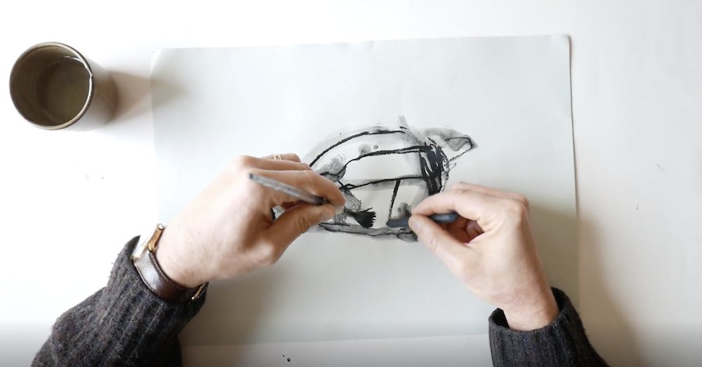 Charcoal and Water Drawing of a Lemon by Joe Gamble