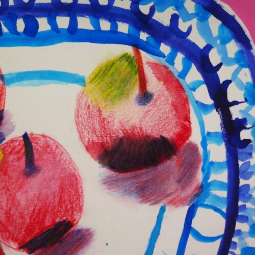 Close up of an apple in pencil crayon by Jan Miller