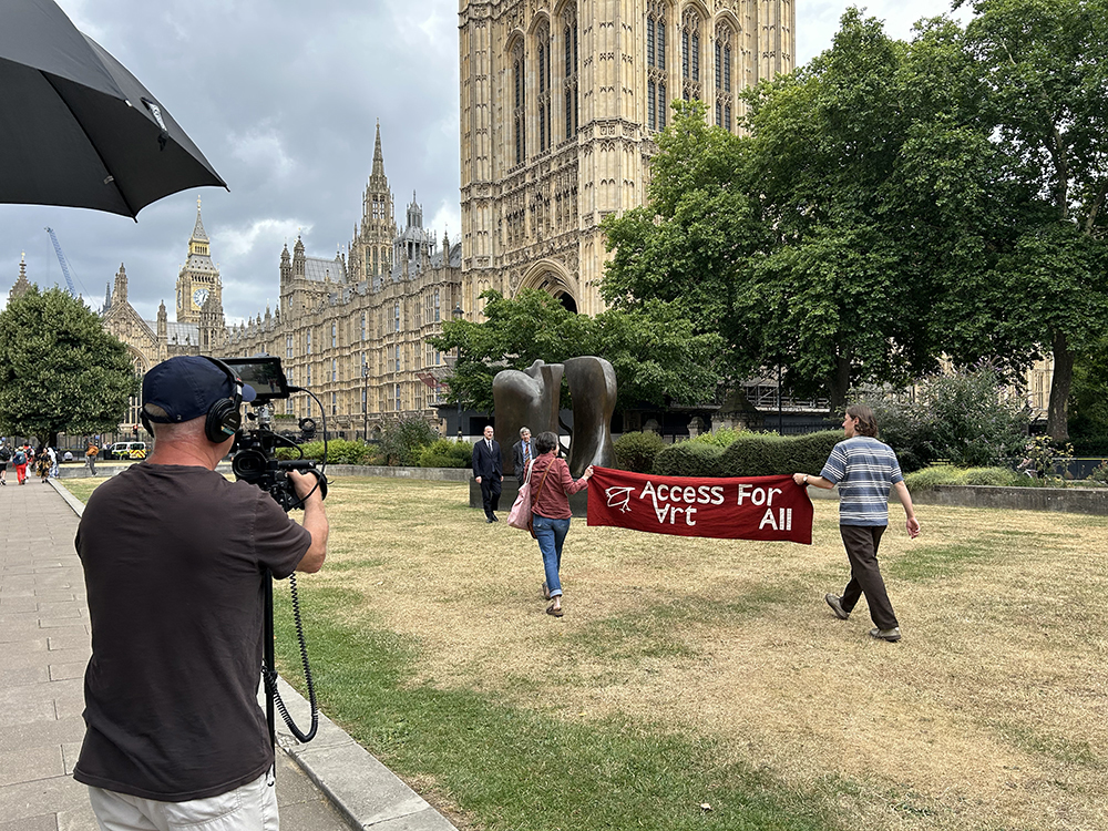 out and about with the AccessArt Banner: "AccessArt for All" at the Palace of Westminster, with the Arts & Minds coalition