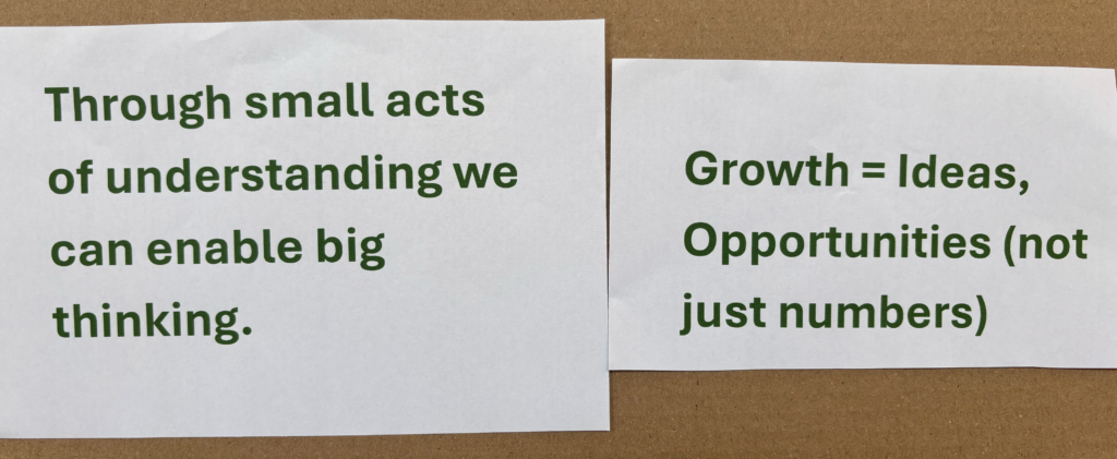 Photographs of text sharing AccessArt Values on pieces of paper