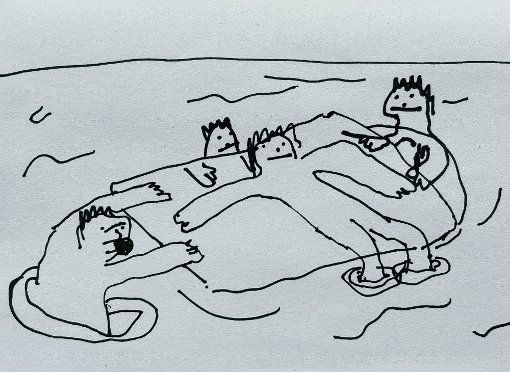 Cartoon-like drawing of four figures holding on to a raft at sea